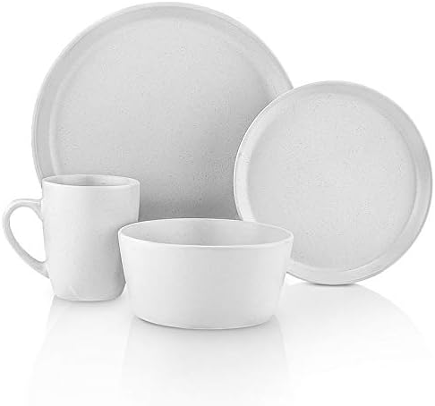 Stone Lain Albie Stoneware 16 Piece Dinnerware Set, Plates and Bowls Sets, Dish Set for 4, White Speckled, Microwave & Dishwasher Safe