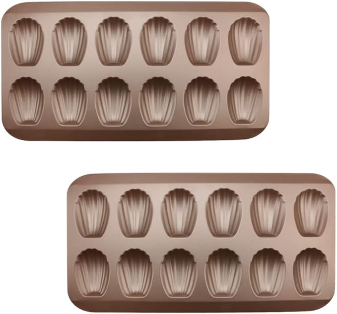 2 Pack Madeleine Pans for Baking, 12 Cavity Heavy Duty Shell Shape Baking Mold Nonstick Cookie Cake Pan for Oven(Gold)
