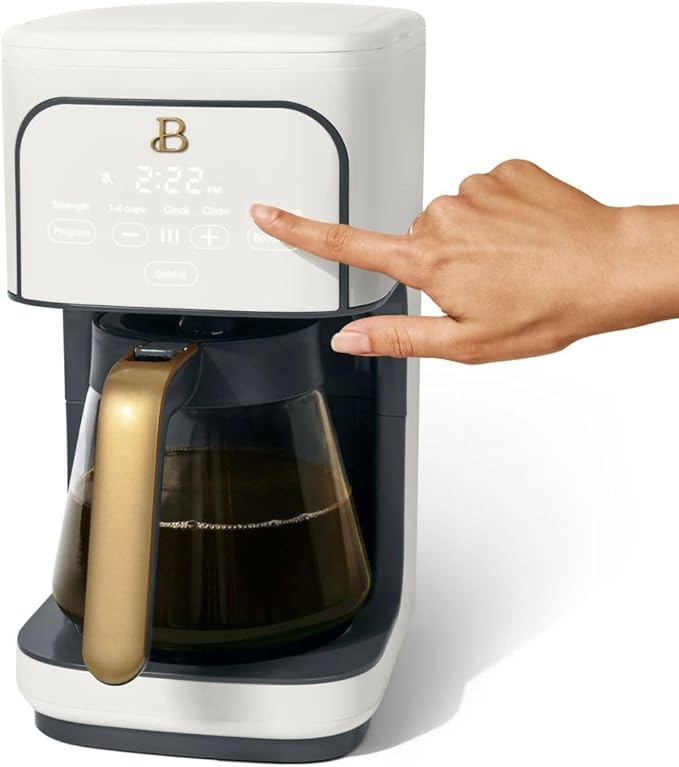Beautiful 12-Cup Programmable Coffee Maker by Drew Barrymore, Touch-Activated Display, Auto Brew 24hr Timer, Regular/Gourmet/Bold Strength Options, Keep Warm & Auto Clean – Matte Finish (White Icing)