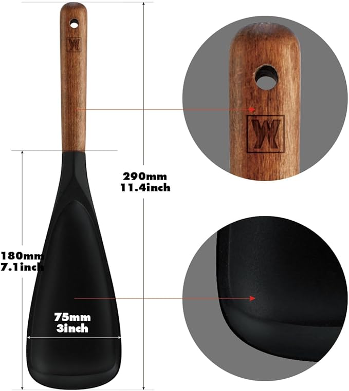 Silicone Long Head Cooking & Serving Spoon with Wooden Handles: Multi-Functional Design, Silicone Rounded Spatula for Mixing, Scoop, and Scrape, Great for Stir Frying