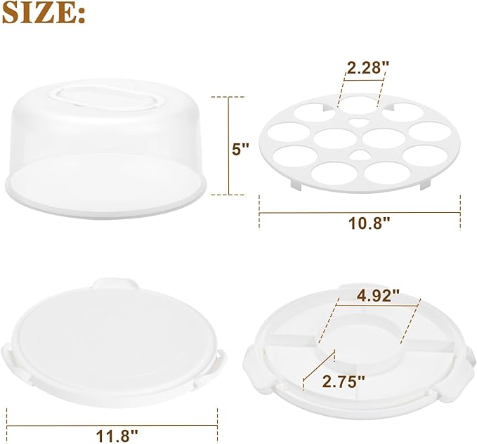 Cake Carrier with Lid and Handle, Multipurpose Cake Stand Fits 10 inch Cake, Cupcake Containers for 11 Cupcakes,Cake Holder Serves as Five Section Serving Tray, Portable Cake Carriers, White