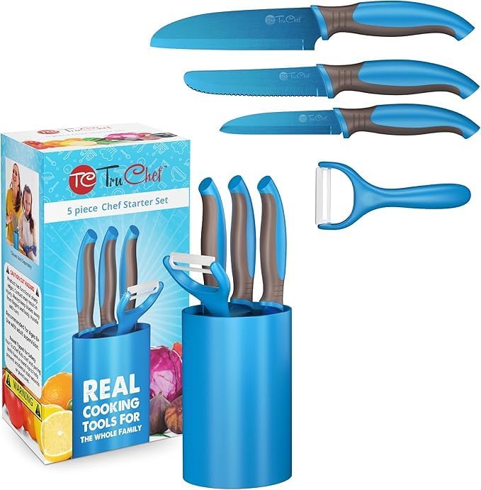 5-Piece Kids Knife Set | Real Stainless Steel Cooking Knives with Peeler, Serrated Blade & Storage Stand | Safe, Easy-Grip Design β Fun Junior Chef Set for Boys & Girls (5 pcs, Blue)
