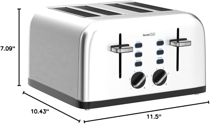 Toaster 4 Slice, Geek Chef Stainless Steel Toaster with Extra Wide Slots,4 Slot Toaster with Bagel/Defrost/Cancel Function, Dual Control Panel of 6 Toasting Bread Shade Settings, Removable Crumb Trays, High Lift Lever, ETL