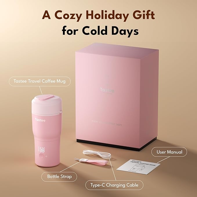 Tastee Heated Coffee Mug ā 12oz Portable Travel Mug with 1ā Precise Temperature Control, 8-Hour Heat Retention, 30W Fast Charging, Leak-Proof, Wide Mouth, Gift-Ready for Office, Home & Outdoor(Pink)