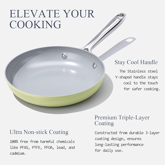 Nonstick Ceramic Frying Pan 8" for All Stovetops, PTFE/PFOA/PFAS Free, Even Heat Distribution Oven Safe up to 500ยฐF, Healthy Non Toxic Skillet w/ Ergonomic Stainless Steel Handle, Olive Green