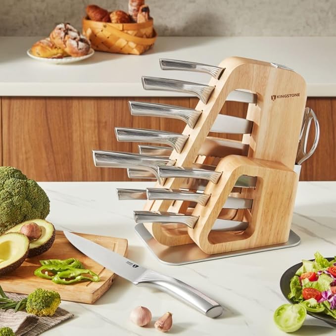 KINGSTONE Kitchen Knife Set with Block, 14 Pcs German Stainless Steel Knife Set with Built-in Sharpener, Dishwasher Safe Knife Block Set(natural, 14pcs)