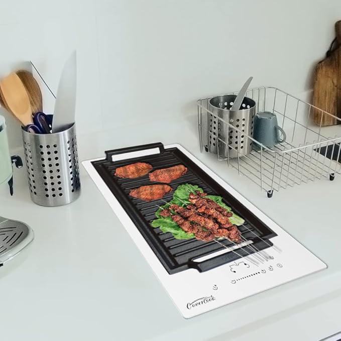COVERCOOK Griddle Pan, Cast Iron Grill Hot Plate, Rectangular Grill, 2 handles with Ridged Surface for Induction Electric Cooktop,16 x 9inch