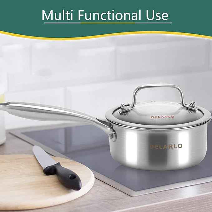 DELARLO Tri-Ply Stainless Steel Induction Saucepan, 1.5 QT with Lid, All Stove Compatible 600, Small Pots for Cooking, Heavy Duty Saucier, Dishwasher Safe