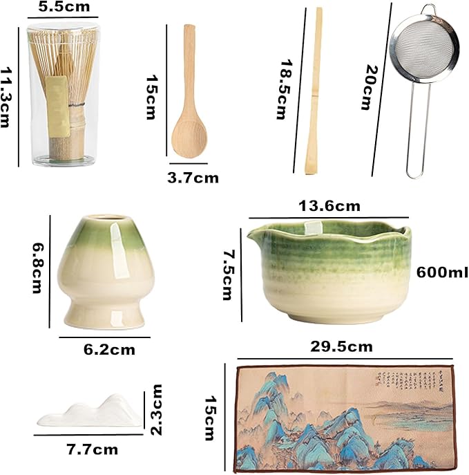 Matcha Set 7-Piece Tea Set with Brush, Bowl, Whisk, Strainer, Chasen, for Matcha Tea Ceremony (Gradient Green)