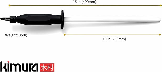 Kimura Professional Ceramic Honing Rod, 10 inch Honing Steel, Ceramic Knife Sharpener, 1200 Grit Finish, Ergonomic & Balanced Polypropylene Handle, Ideal for All Chef Knives, Japanese Gift Box