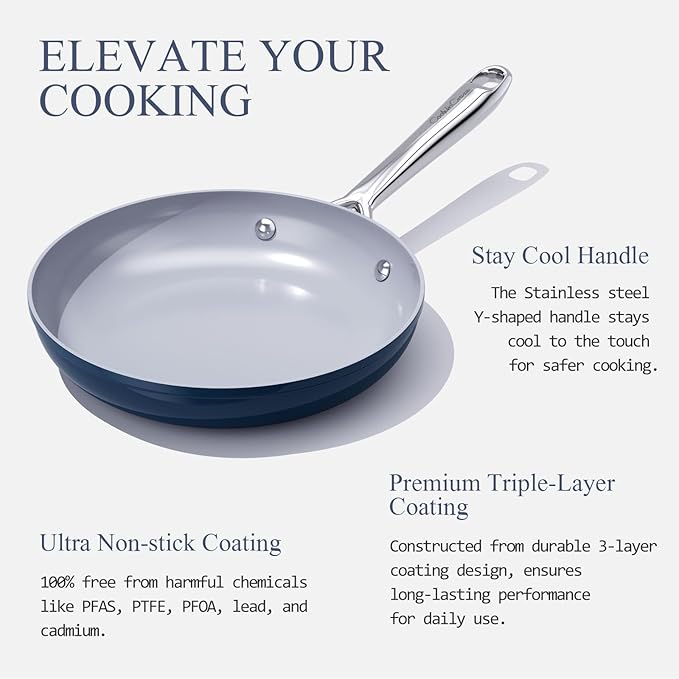 Nonstick Ceramic Frying Pan 10 Inch Induction Compatible - Non Toxic, PTFE/PFOA/PFAS Free, Oven & Dishwasher Safe up to 500ยฐF - Non Stick Small Skillet with Stay-Cool Handle - Navy Blue