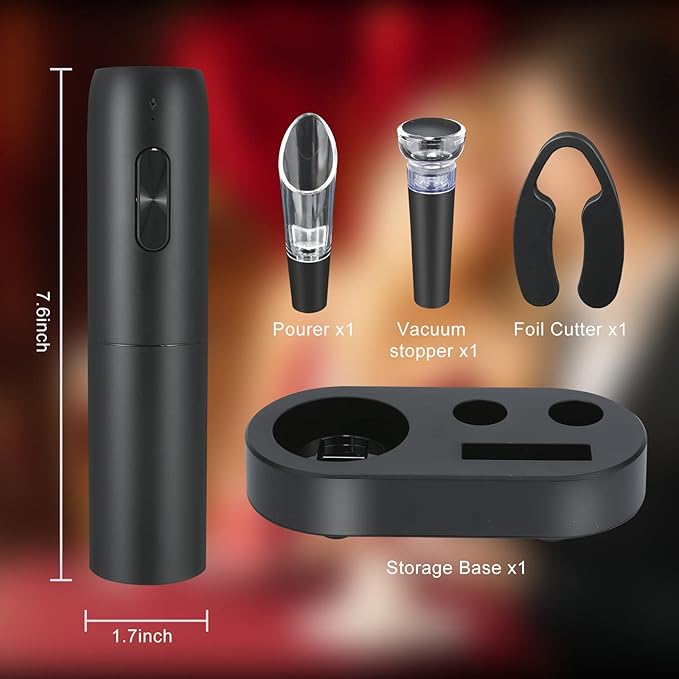 Electric Wine Bottle Opener Set with Charging Base- Black, Automatic Wine Bottle Opener with Led Light, Rechargeable Corkscrew Kit with Aerator,Foil Cutter,Stoppers