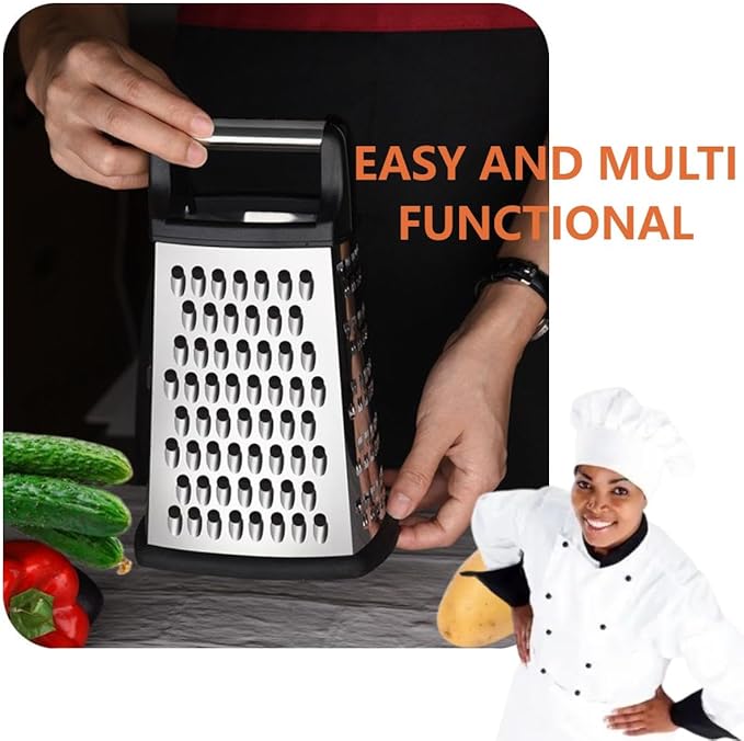 Stainless Steel 4 Sides Grater Slicer with Handle, Multifunctional Cutter Planing for Ginger, Garlic, Cucumbers, Carrots, Cheese, Potato, Ergonomic Design Kitchen Gadgets Accessories(Black)