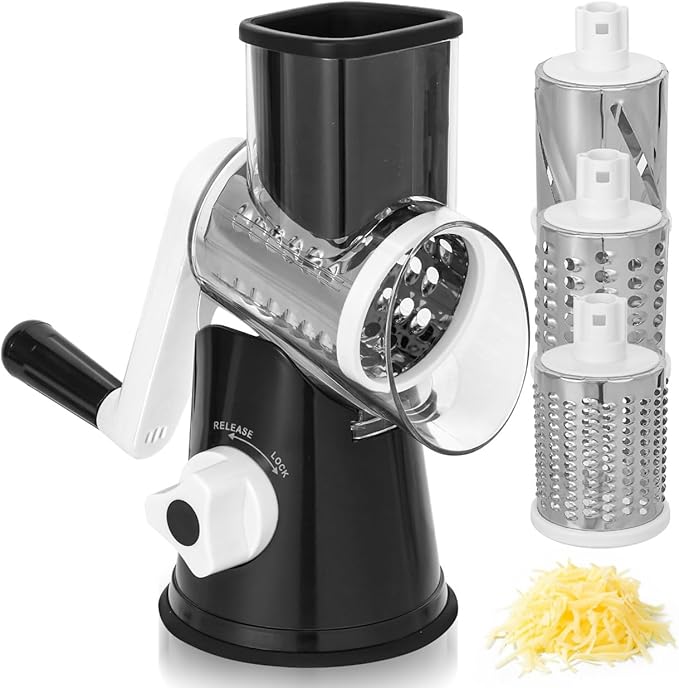 Rotary Cheese Grater Hand Crank - Cheese Shredder Hand Crank with Handle, Vegetable Shredder with 3 Stainless Steel Blades & Strong Suction Base โ Round Slicer & Food Chopper for Kitchen