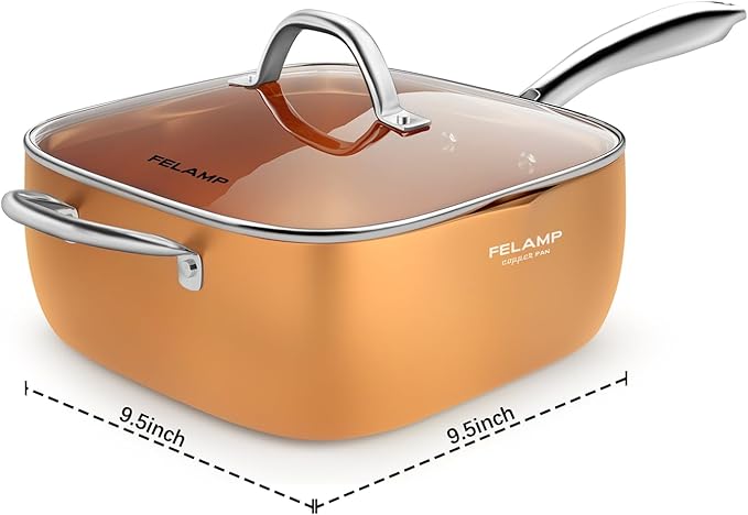 FELAMP 9.5-Inch Ceramic Nonstick Deep Square Frying Pan Set with Glass Lid, Stainless Steel Fry Basket & Steamer Rack, Induction Compatible, Oven &Dishwasher Safe, 4-Piece Copper Pan Chef Cookware Set