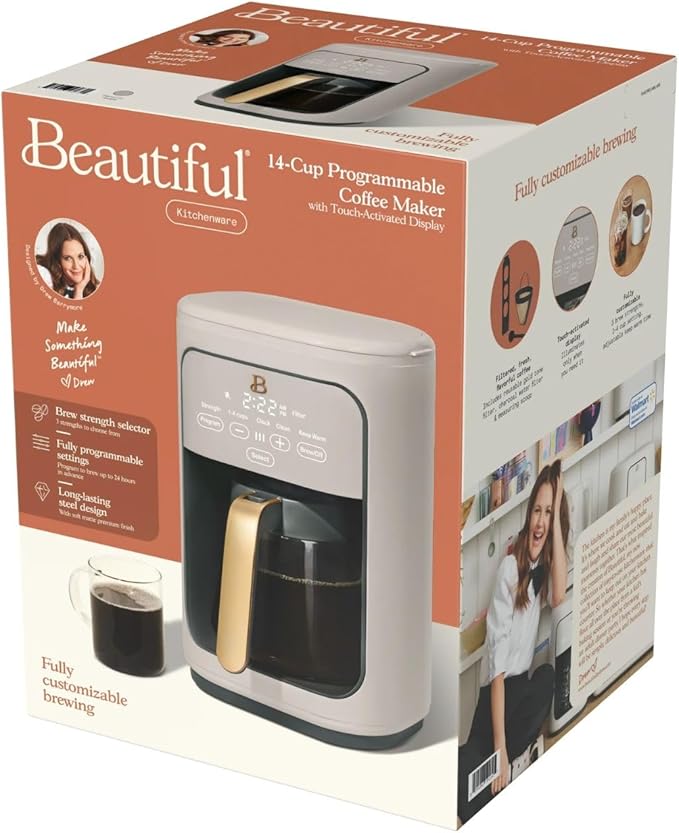 Beautiful 14 Cup Programmable Coffee Maker, Touch Display, 1200W, Brew Strength Control, Keep Warm, Pause & Serve, Glass Carafe, Reusable Filter, Auto Shut-Off, Matte Finish (Porcini Taupe)