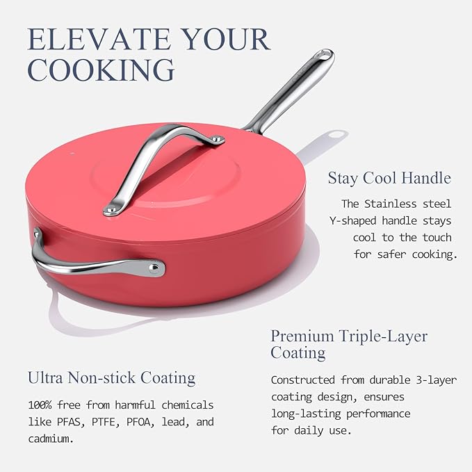 Nonstick Ceramic Sautรฉ Pan with Lid (4.5 qt, 11") Deep Frying Pan for All Cooktops Non Toxic Skillet PTFE/PFAS Free Dishwasher & Oven Safe up to 500ยฐF w/Stainless Steel Handle, Fusion Red