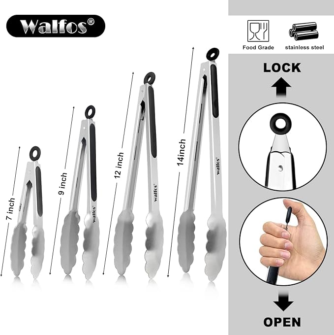 Walfos Stainless Steel Kitchen Tongs for Cooking, BBQ - 7 ,9, 12 and 14 Inch,Set of 4 Heavy Duty Locking Metal Food Tongs Non-Slip Grip