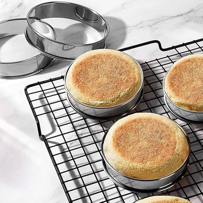 HLMOptimo English Muffin Rings, Stainless Steel Crumpet Rings, 6 Pcs Nonstick Metal Round Ring Molds with Silicone Oil Brush (4 inch 12 pcs)
