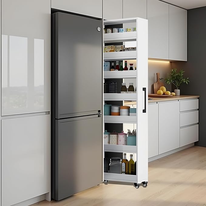 7-Tier Slim Storage Cart, Wooden Rolling Pantry Cabinet with Wheels, Narrow Shelf Organizer for Kitchen, Bakers Rack, Dining Room, Closet, Small Spaces Light Walnut 73.2" H*9.8" W*23.6" D
