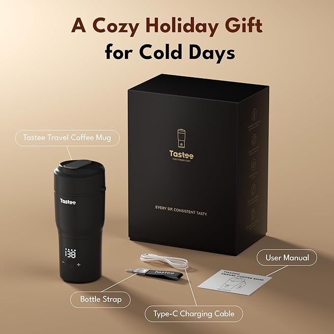 Tastee Heated Coffee Mug ā 12oz Portable Travel Mug with 1ā Precise Temperature Control, 8-Hour Heat Retention, 30W Fast Charging, Leak-Proof, Wide Mouth, Gift-Ready for Office, Home & Outdoor(Black)