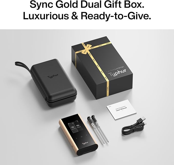 Typhur Sync Gold Dual Gift Set, WiFi Wireless Meat Thermometer with 2 Slim Probes & Storage Case, 6 Sensors, 10x Stronger Signal, Smart Base, ยฑ0.5โ Accuracy, for Grill BBQ Oven Smoker