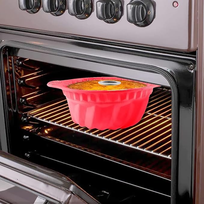 Kenond 2 PCS 9.5 Inch Silicone Cake Pans, Non-stick Fluted Cake Pan with Sturdy Handle, Cake Baking Molds, Perfect Bakeware for Cake, Jello, Gelatin, Bread, Para Gelatinas (Red)