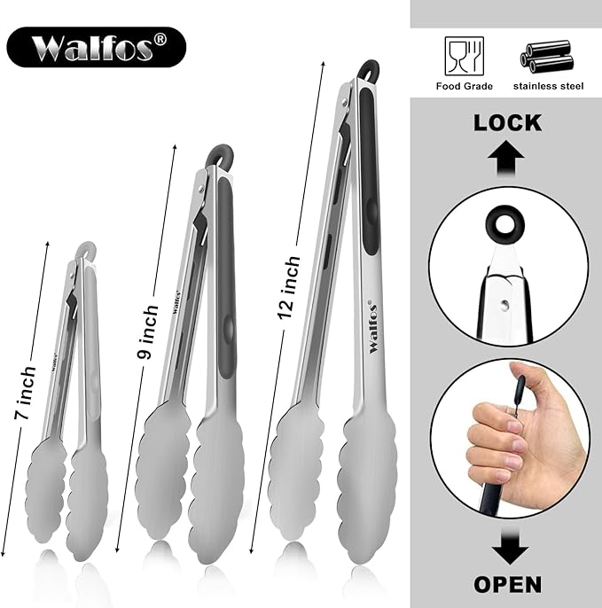 Walfos Stainless Steel Kitchen Tongs for Cooking- 7 ,9 and 12 Inch, Food Grade Metal Tongs for Cooking, BBQ, Set of 3 Heavy Duty Locking Cooking Tongs Non-Slip Grip