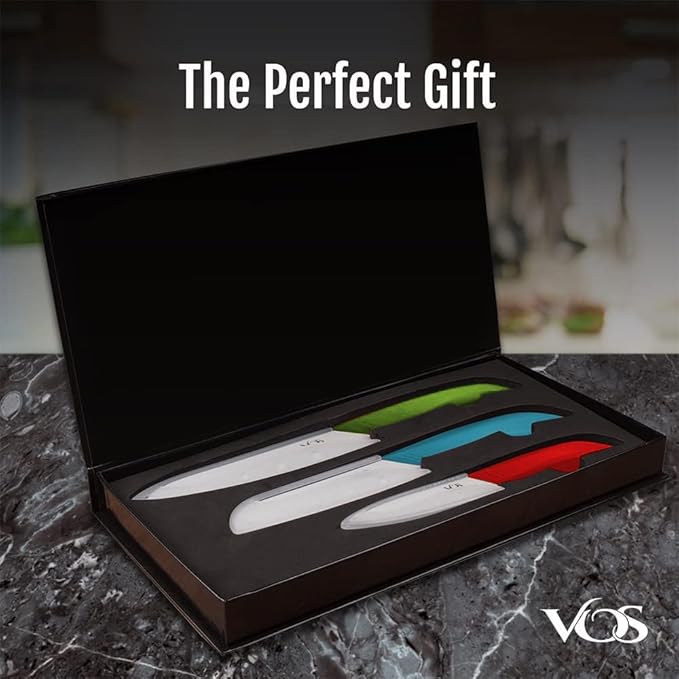 Vos Ceramic Knife Set in Elegant Gift Box, Ceramic Knives Set For Kitchen, Ultra Sharp Kitchen Knife Set with Covers, 4" 5" 6" Paring, Santoku & Chef Knife, Lightweight, Dishwasher safe (Multi-Color)