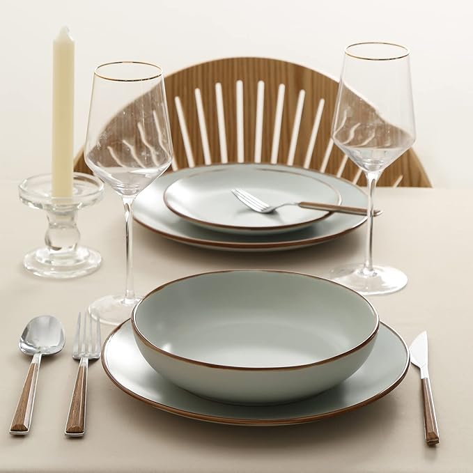 Stone Lain, Stoneware, Service for 4, Light Green, Plates and Bowls Sets, Dinnerware Set with 4 Dinner - & 4 Salad Plates, 4 Pasta - & 4 Round Bowls, Dishwasher & Microwave Safe, 16-Piece