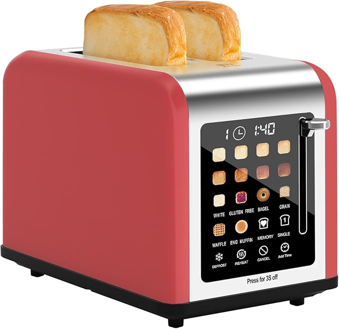 2 Slice Toaster Touch Screen, Stainless Steel Toasters Digital Timer 2 Slot Toasters, 8 Shade Settings 6 Bread Types for Bagel, Cancel, Defrost (Red)