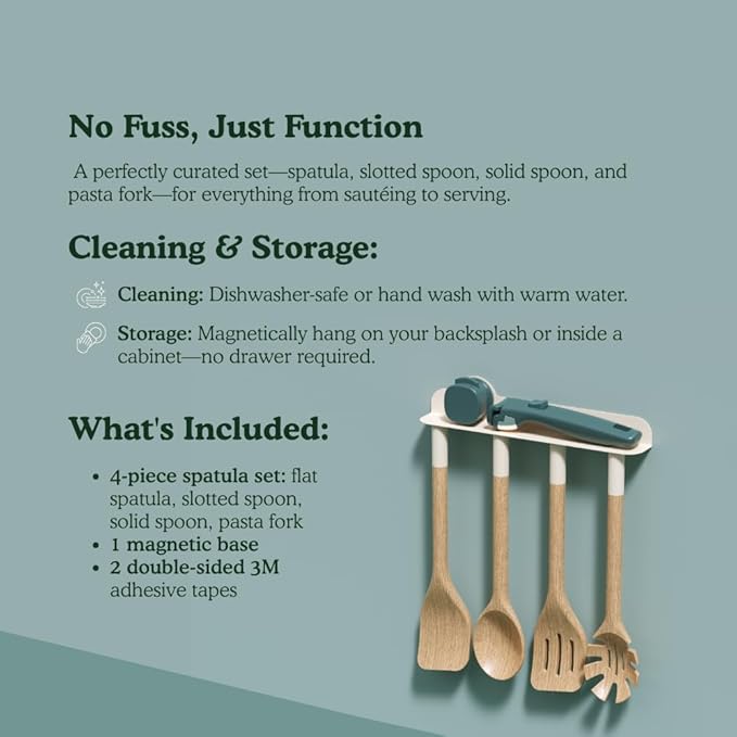 Magnetic Wooden Spatula for Cooking β 4-Piece Wood Spatula Set with No Paint & No Toxins - Wooden Cooking Utensil Sets with Dishwasher Safe & Magnetic Vent Mount β Kitchen Spatulas for Every Meal!