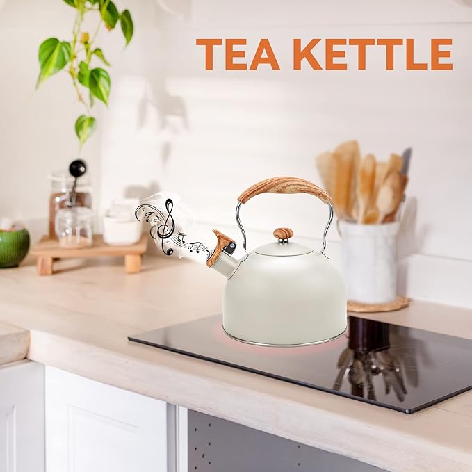Tea Kettle Stovetop, 2.6Qt Whistling Tea Pots for Stove Top, Heat-resistant Folding Handle,Cute Teapot(Beige)