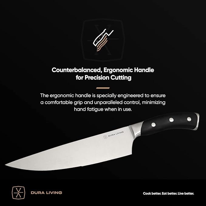 DURA LIVING 8-Inch Chef Knife – Ultra-Sharp German High Carbon Stainless Steel, Full Tang, Ergonomic Handle, Multipurpose Kitchen Knife for Chopping, Slicing, and Dicing, Black