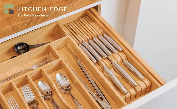 KitchenEdge Bamboo Kitchen Knife Block Holder Organizer - Holds 5 Long + 6 Short Knives (Not Included), Fits Most Knife Sizes, Rubber Feet, Sustainable Bamboo, In-Drawer Design