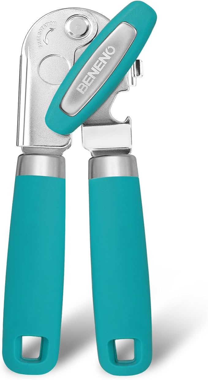 Beneno Heavy Duty Hand Can Opener Manual with Magnet, Durable Sharp Carbon Steel Blade Smooth Cutting, Big Effort-Saving Knob & Soft Grip Handle, Multifunctional Bottle Opener, Turquoise