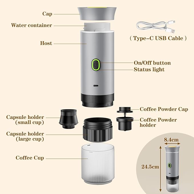 Portable Coffee Maker, Espresso Machine for camping, Travel Coffee Maker with USB-C, 3-in-1 Small Espresso Machine with Ground Coffee & Capsules (NS&DG) for RV, Hiking, Office(Silver)