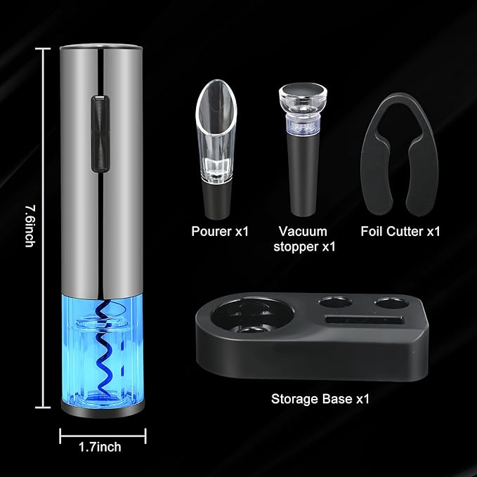Electric Wine Bottle Opener Set- Silver, Automatic Wine Bottle Opener with Led Light, Rechargeable Corkscrew Kit with Aerator,Foil Cutter,Stoppers