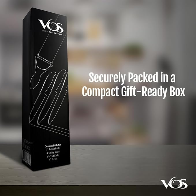 Vos Ceramic Knife Set with Peeler, Ceramic Knives Set For Kitchen, Ultra Sharp Kitchen Knife Set with Covers, 3" 4" 6" Paring, Utility & Chef Knife, Ultra Sharp, Lightweight, Dishwasher safe (Red)