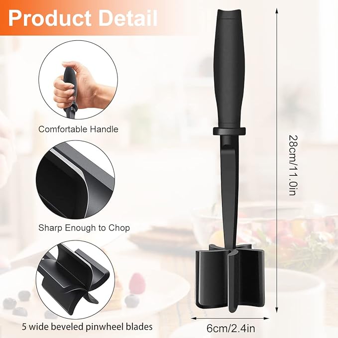 3Pcs Meat Chopper 5 Curved Blades Ground Beef Masher Hamburger Chopper with Nonslip Handle