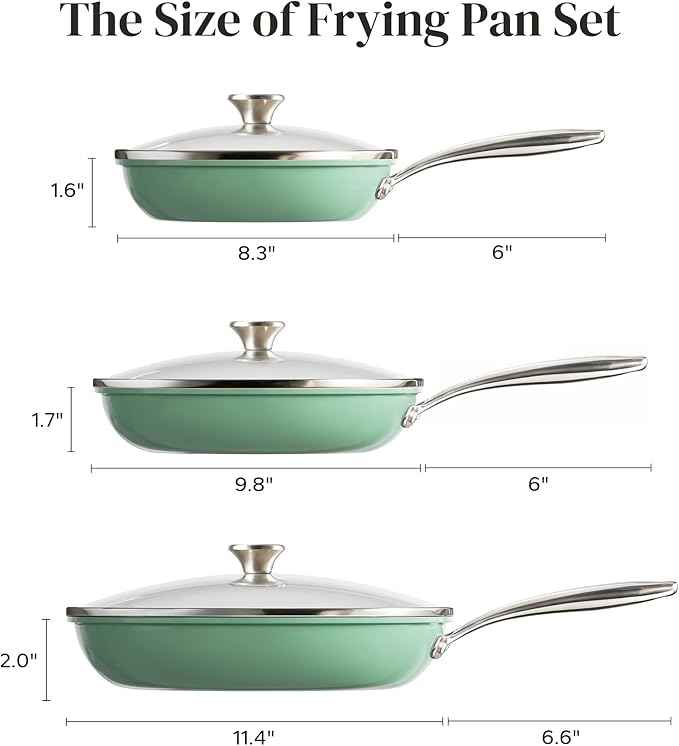 Redchef Nonstick 6-Piece Fry Pan Set, 8, 9.5, and 11 Inch Frying Pans with Tempered Glass Lids, Stay-Cool Handles, Dishwasher & Oven Safe, Induction Safe, Compatible with All Cooktops, Green
