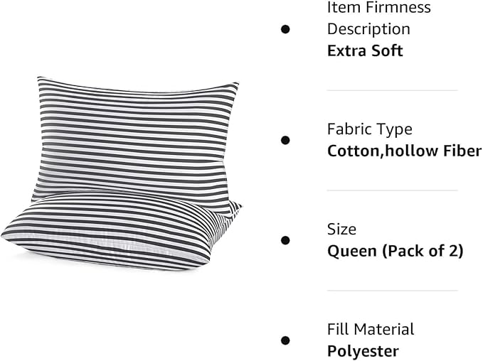 EIUE Bed Pillows for Sleeping 2 Pack Queen Size,Super Soft Down Alternative Microfiber Filled Pillows,Pillows for Side and Back Sleepers,20 x 30 Inches,Striped White Grey
