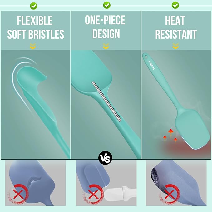 Walfos Silicone Spatula - 600°F High Heat Resistant Kitchen Spoon Spatulas(set of 5), Strong Steel Core and One-Pieces Design, For Cooking Mixing & Baking - BPA Free and Dishwasher Safe (Teal/Aqua)