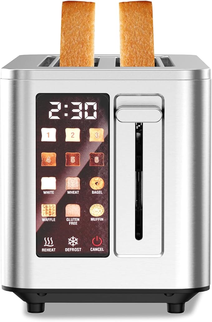 Touch Screen Toaster 2 Slice, Stainless Steel Toasters Digital Timer 2 Slot Toasters, 6 Shade Settings 6 Bread Types for Bagel,Defrost(304 Stainless Steel)