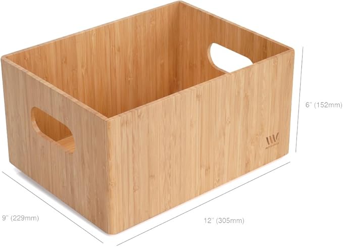 MobileVision Bamboo Storage Box Multi-Purpose Organizer for Kitchen Supplies Holder, Fruit Bin, Cabinets, Pantry with built in handles, stackable, 12” x 9” x 6” With White Clip Included