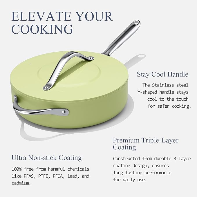 Nonstick Ceramic Sautรฉ Pan with Lid (4.5 qt, 11") Deep Frying Pan for All Cooktops Non Toxic Skillet PTFE/PFAS Free, Dishwasher & Oven Safe up to 500ยฐF w/Stay-Cool Handle, Olive Green