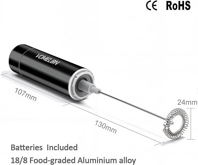 Milk Frother Handheld, Battery Operated Coffee Foamer Drink Mixer with 2 Stainless Steel Electric Whisks for Coffee, Latte, Cappuccino, Hot Chocolate, Protein,Egg Batteries Included,Black