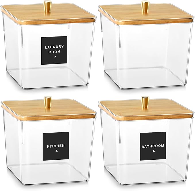 Hudgan 4 Pack Acrylic Storage Containers with Measuring Scoops for Kitchen, Laundry, Pantry, Clear Sturdy Plastic with Gold Handle Perfect for Dried Goods, Snacks, Detergent