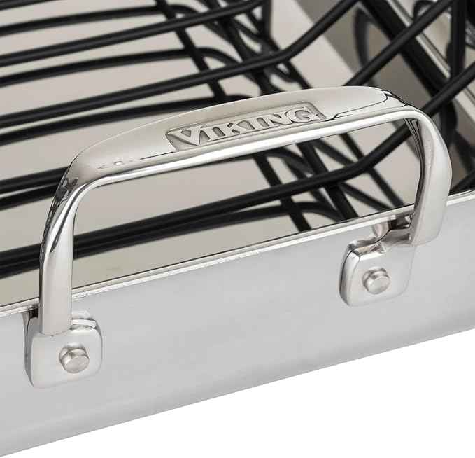 Viking 3-Ply Stainless Steel Roasting Pan with Non Stick Rack, 16 x 13 Inch Kitchen Cookware, Great for Turkey, Includes Probe Thermometer, Dishwasher and Oven Safe, Induction Ready, Silver