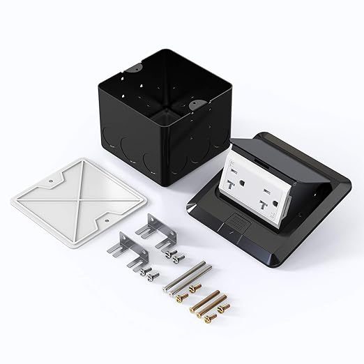 KYHSHJ Pop Up Floor Electrical Outlet Box Kit,20 Amp Stainless Steel TR Tamper-Resistant Duplex Receptacle Outlet, Corrosive Resistant Hardware,ETL Listed, Black